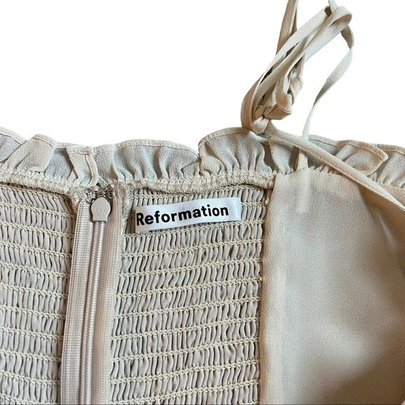 Reformation Bev Almond White Scalloped Bust Keyhole Tie Strap Velvet Mini Dress - Picture 4 of 10